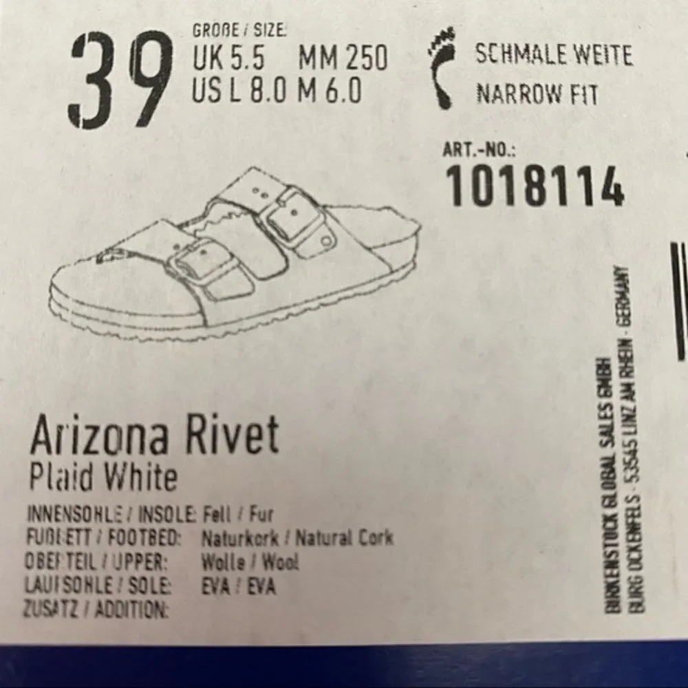 Birkenstock Arizona Rivet Plaid White Narrow Fit Men’s Szs 39/US 6 and 40/US 7